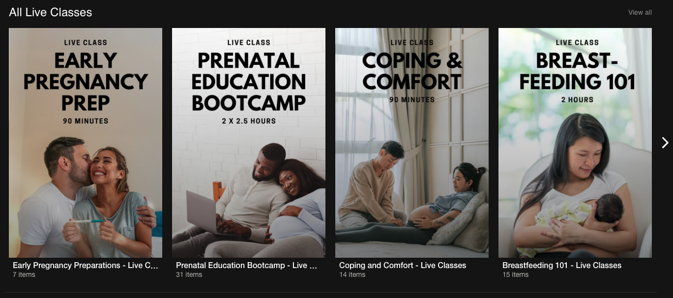 Catálogo de clases de Birthly mostrando Preparación para el Embarazo Temprano, Bootcamp de Educación Prenatal, Alivio y Confort, y Lactancia 101