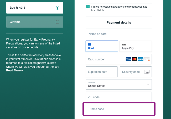 Página de pago con el campo de código promocional resaltado