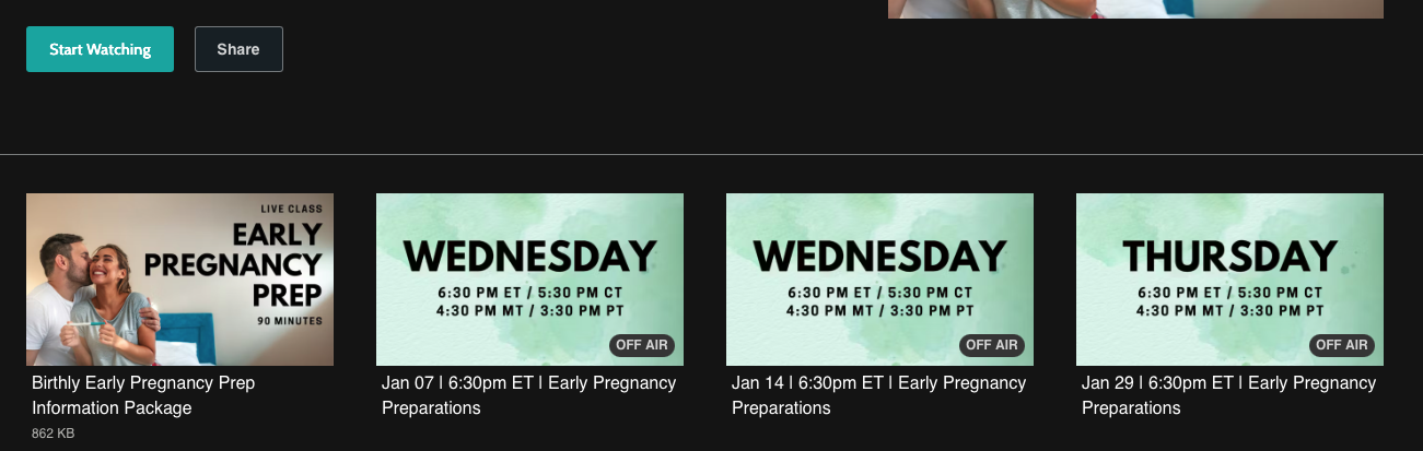 Horario de sesiones mostrando los horarios de clases en vivo disponibles